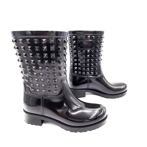 Valentino Garavani Rockstud Studded Black Rubber Rain Boots US 37 - Picture 1 of 9